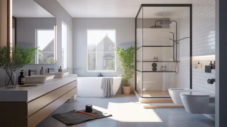 Modern bathroom renovation featuring a freestanding bathtub, glass-enclosed shower, floating vanity with dual sinks, and elegant white subway tile walls, accented with greenery and natural light.