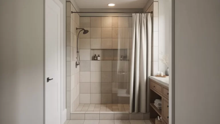 Budget-friendly walk-in shower with large beige ceramic tiles, simple shower curtain, black fixtures, and minimalist design by Valentin Builders.