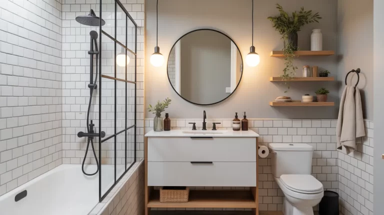 **Alt Text:** Modern budget-friendly bathroom with white vanity, black fixtures, subway tiles, and wooden shelves by Valentin Builders.